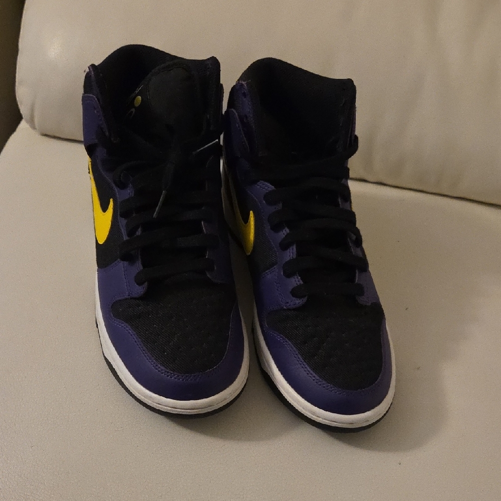 High-Top Sneakers - Purple/Black with Yellow Swoosh